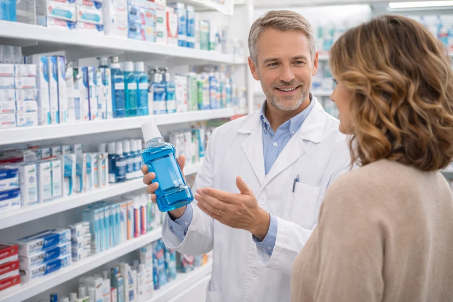 farmaceut savjetuje kupca kako odabrati proizvode za oralnu higijenu