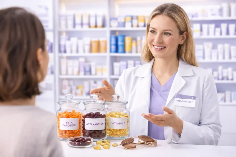 Farmaceut savjetuje kupca o dodacima prehrani i zaštiti kože prije sunčanja.