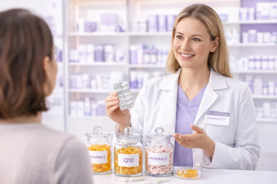 Farmaceut savjetuje pacijenta o dodacima prehrani i antioksidansima u ljekarni.